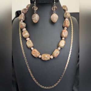 Vintage Brown Jasper & Baroque Pearl Necklace & Glass Earrings